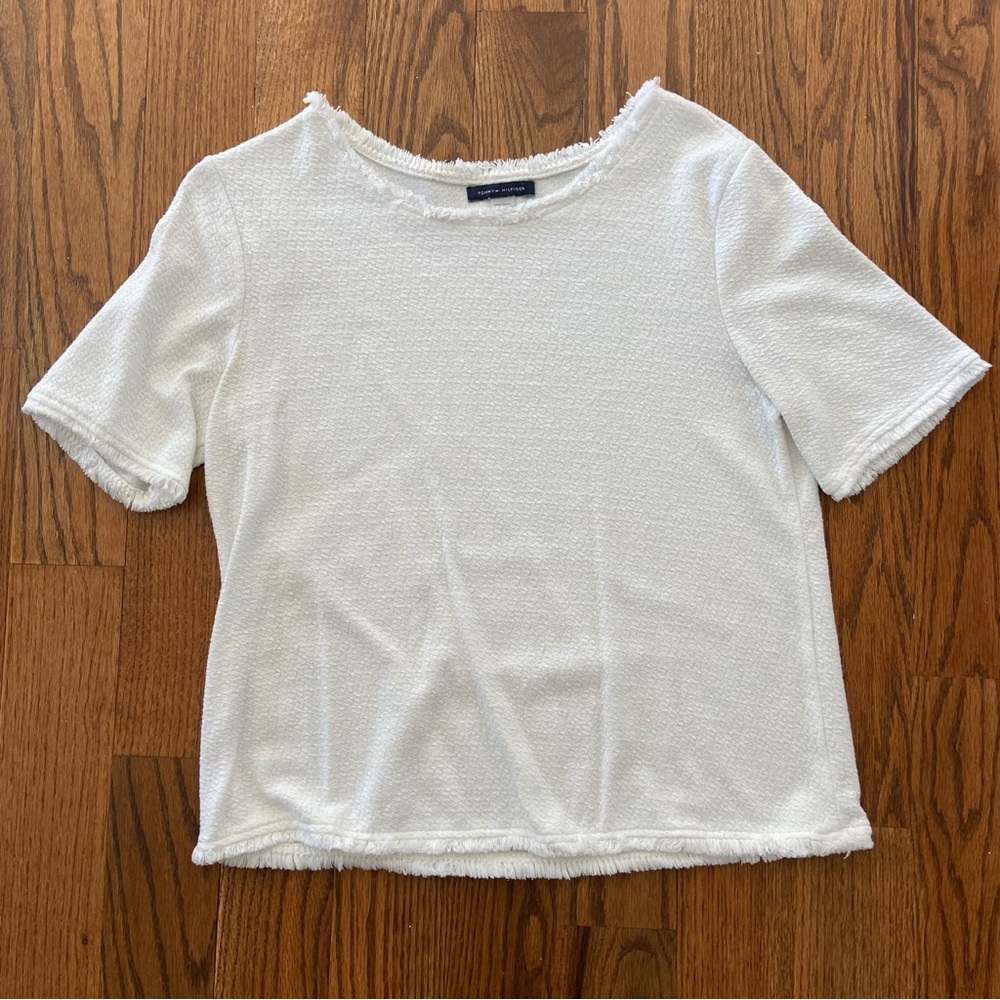 Tommy Hilfiger White Quilted Boxy Top with Fringe on Trim Size M